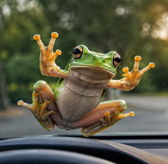 A green tree frog clinging to a car windshield