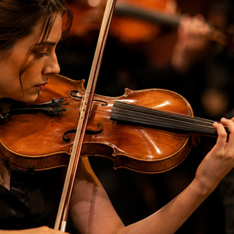 A violinist playing in warm light