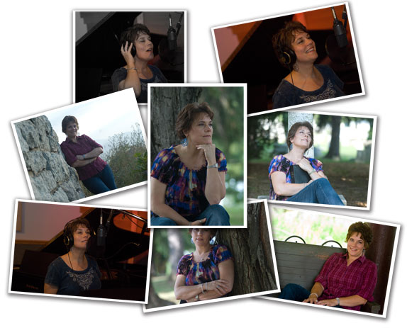 A collage of photographs of Jill Hatter — in the studio, by a stone wall, and outdoors in the valley