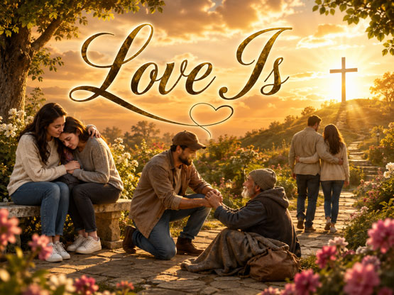 Love Is video — friends gathered at sunset near a cross