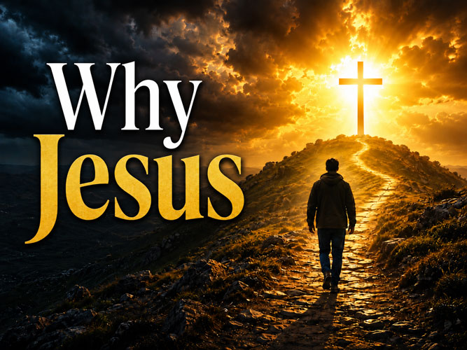 Why Jesus — a man walking toward a glowing cross on a hill at sunrise