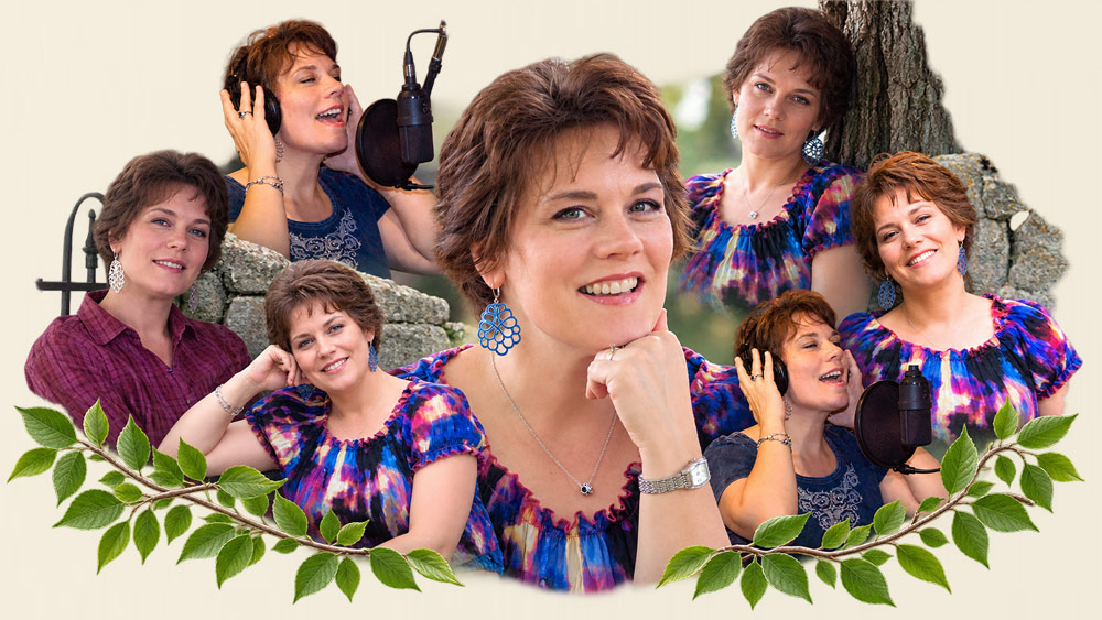 A collage of photographs of Jill Hatter — in the recording studio, by a stone wall, and outdoors in the Shenandoah Valley